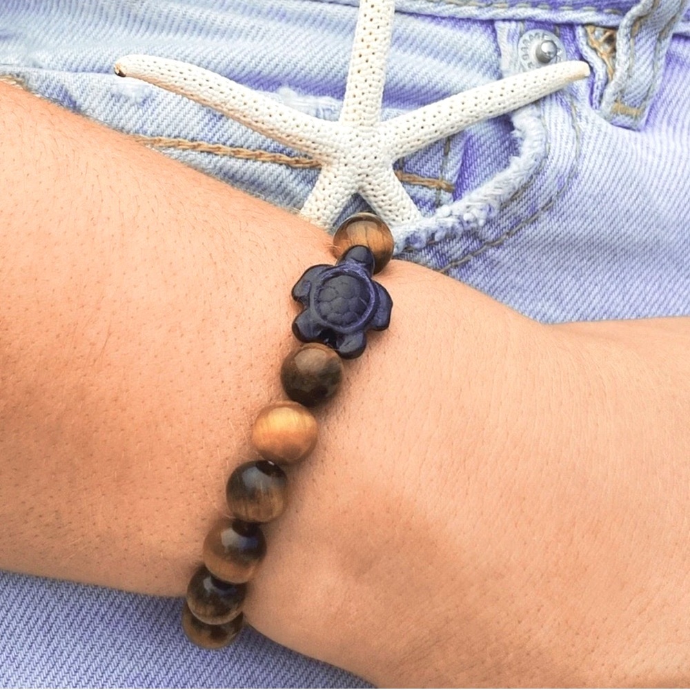 🔴 CLEARANCE🔖 NWT 🏝️ HEAVYWEIGHT 8mm TIGERS EYE SEA TURTLE BEADS STRETCH BRACELET - Picture 2 of 5